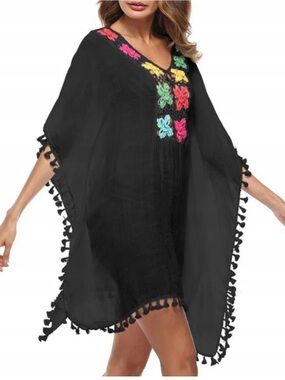 Black Women’s Embroidered V-Neck Tunic with Pom Trim XL boho cover beach resort